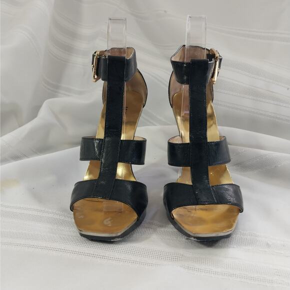 MICHAEL KORS! RICH BLACK GENUINE LEATHER, HARNESS FRONT/BUCKLE HEELS! SZ 6.5M - Picture 3 of 8